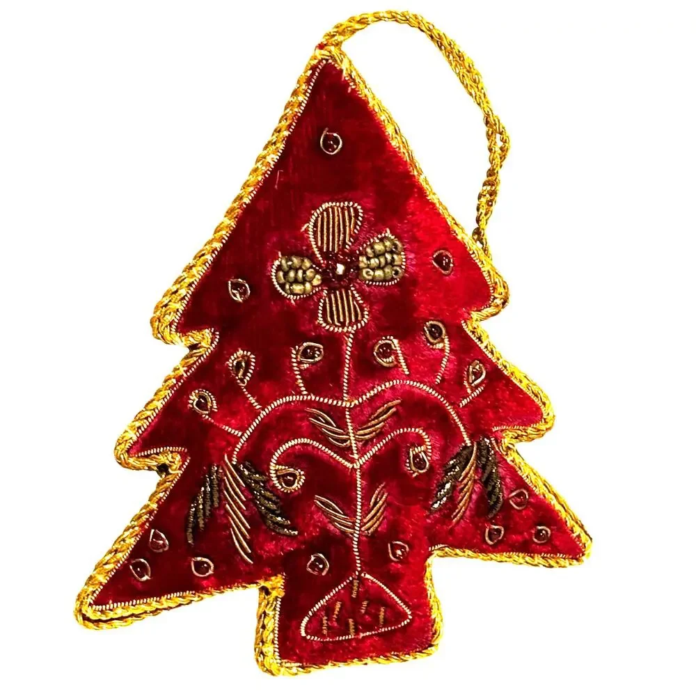 Vintage red velvet Christmas tree ornaments (3) rich gold cord ribbon trim